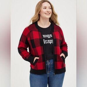 Torrid black and red buffalo plaid zip up bomber jacket womens size 3x